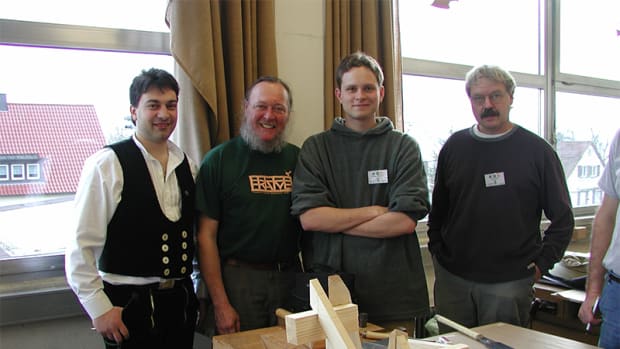 From left to right Filippo Compagnon (Zimmerman Instructor), me, Carson Christian (my son) and Lon Tyler (TFG member and friend) at the compound roof framing class we participated in at the Gewerbe Akademie in Rotweil, Germany, in 2003. Hands-on learning German style!