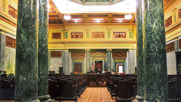 The Superior Court Room #1 in the Allen County Courthouse, Fort Wayne, IN, makes extensive use of Marezzo scagliola for columns, panels and moldings. Hayles was part of a team that restored damaged scagliola for the building’s centennial celebration in 2002.