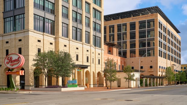 Spring House, which sits 20 feet off busy Broadway Avenue in San Antonio, is meant to be a meditative refuge for employees of the two buildings as well as the general public.