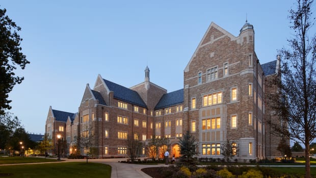 The University of Notre Dame’s Jenkins and Nanovic Halls, a 185,000 square foot addition designed by HBRA Architects in Chicago, as viewed from the entry on the west façade.