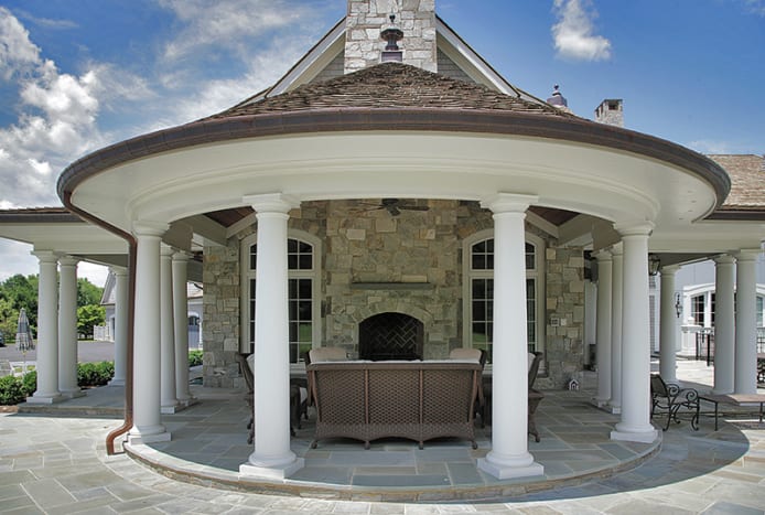 This outdoor seating area features crown columns in fiberglass, which were distributed by Architectural Products of New Jersey. Photo: courtesy of Architectural Products by Outwater