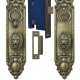 Victorian Style Brass Heraldic Door Plate, cast in solid brass and paired with two Roaring Lion doorknobs by Corbin from their Circa 1900 catalog, called the Pavia Pattern; this complete door set is hand finished in Antique Brass Finish all from Vintage Hardware.