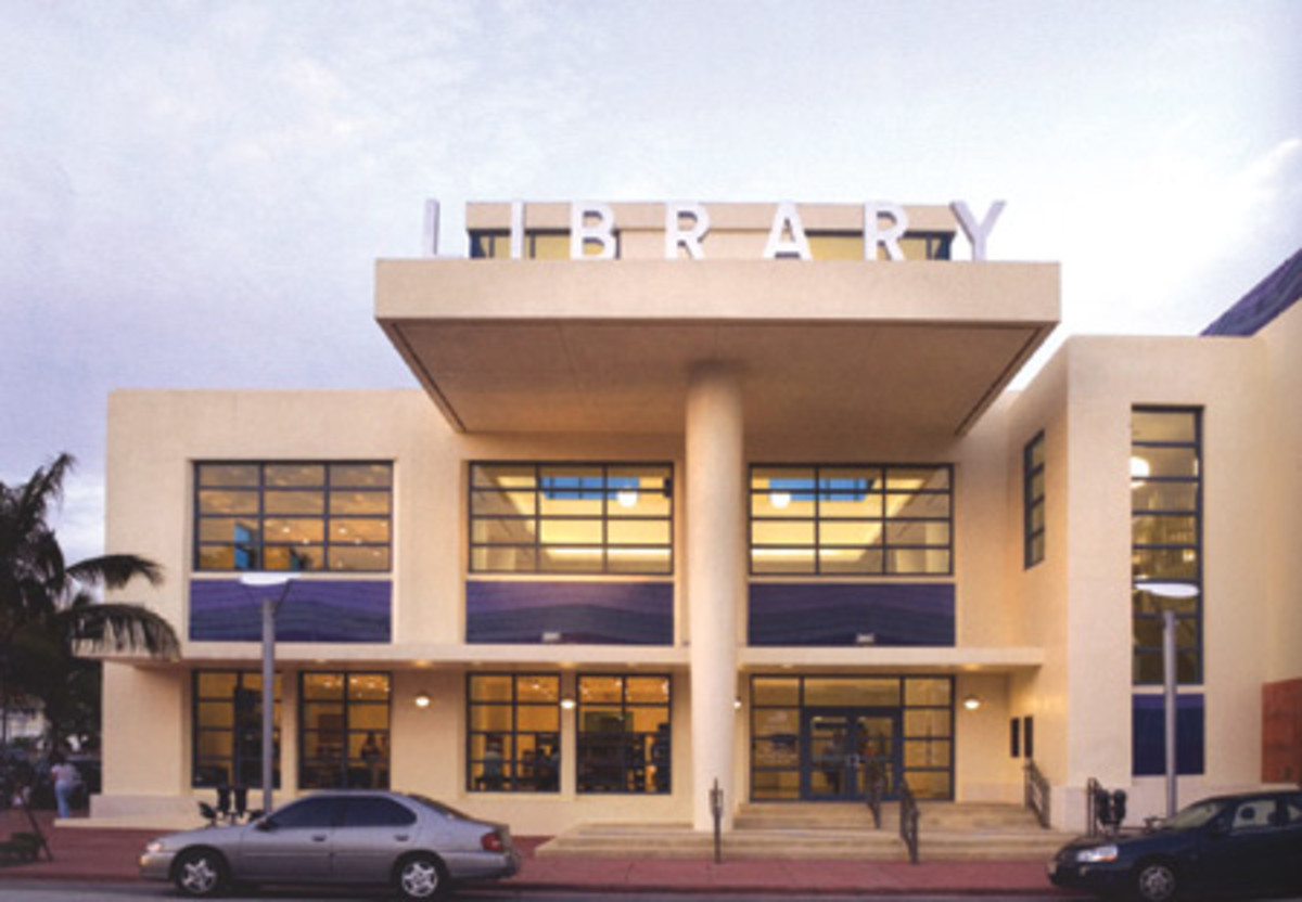 The Miami Beach Library is a 45,000-sq.ft. building of Florida keystone, terra cotta and pink stucco rendered in the relaxed Modernism of its Art Deco surroundings. The ground floor contains a 140-seat auditorium, the main library collections and a café that opens onto a walled garden with a fountain.