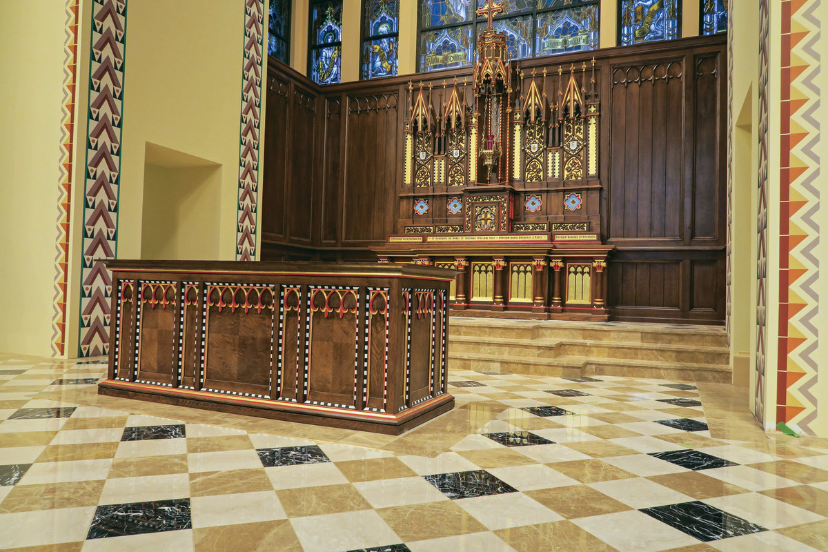 The antique altars, ambo, reading stand and presidential chairs were acquired from Ohio and England and were restored and constructed by Mountain View Millworks.