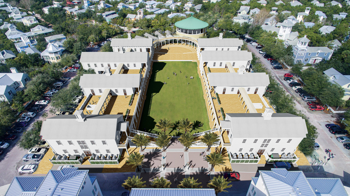  A digital aerial view of the Lyceum shows the four pairs of school buildings flanking the Lyceum lawn. The circular building at the far end is the Town Hall designed by Ricard Economakis.