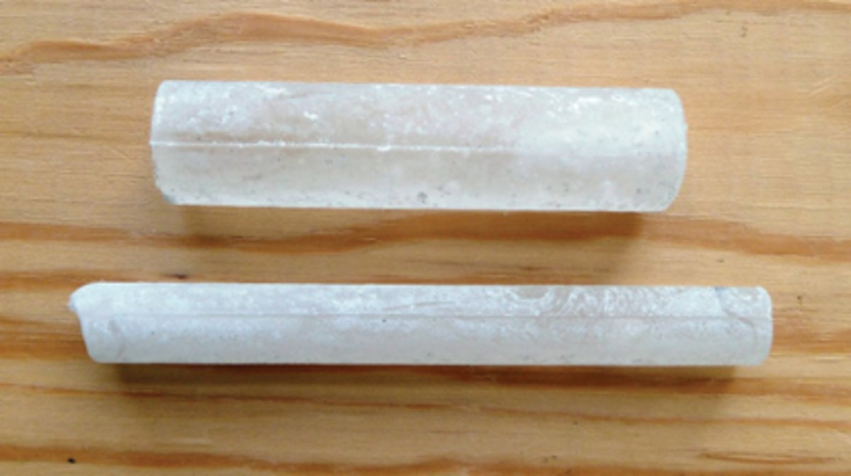 Fig. 7. Borate rods are available in a range of sizes including the 0.75 inch (19 mm) and 0.5 inchundefined(13 mm) diameters shown here. Courtesy of Stan T. Lebow and the U.S. Forest Products Laboratory