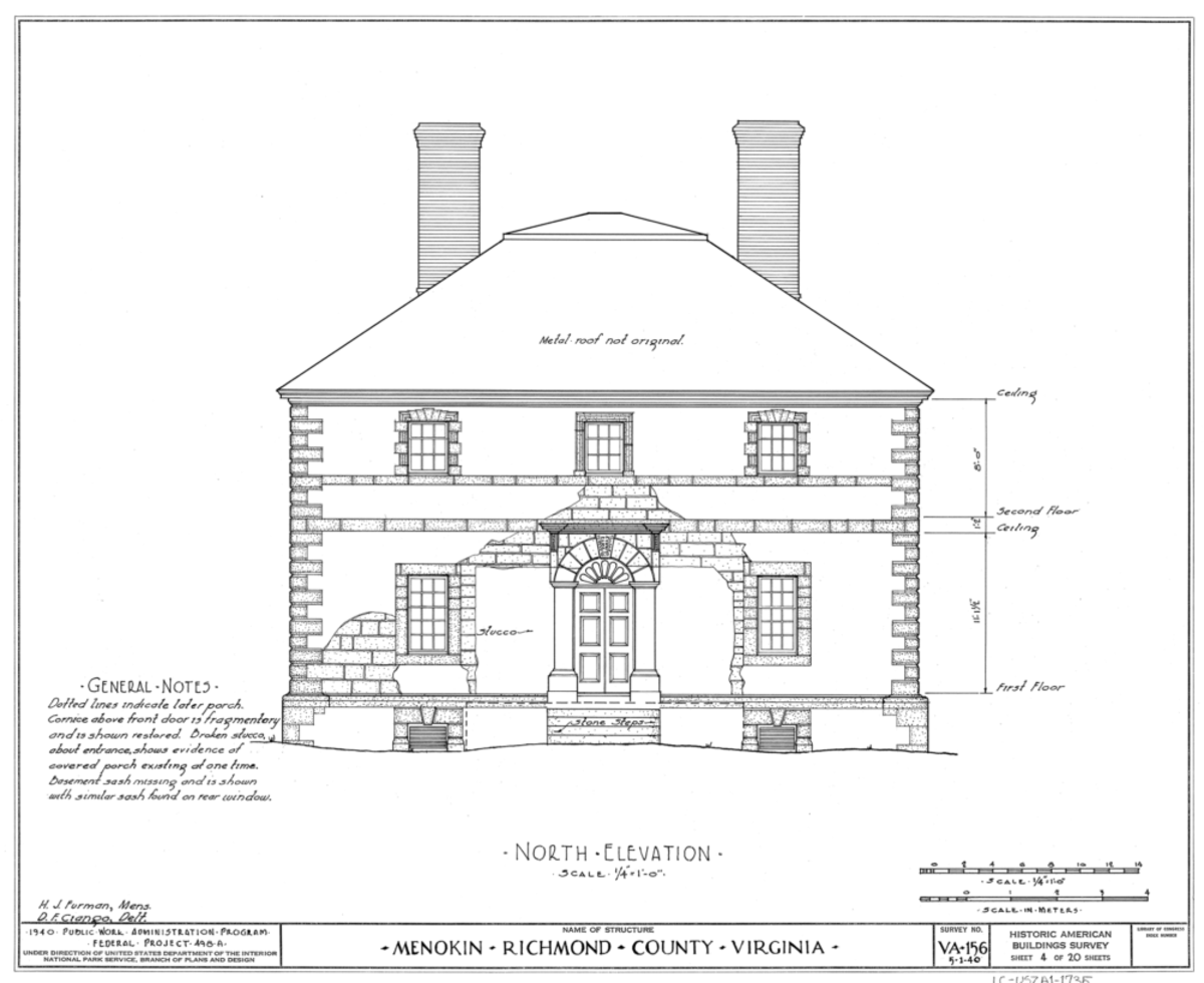 Drawing of Menokin from Historic American Buildings Survey (HABS). Image Courtesy of Menokin Foundation
