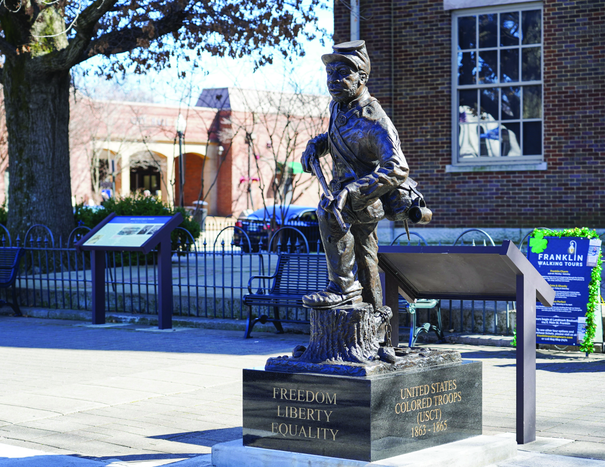 FIGURE 2 New, traditionally inspired USCT monument at the main town square in Franklin, Tennessee, designed by Joe Howard and set in juxtaposition to an existing Confederate monument.