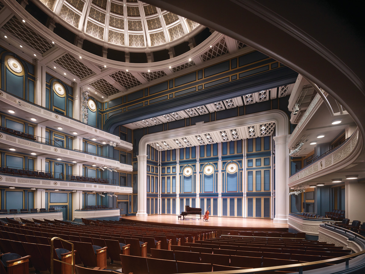 The main hall of The Fisher Center is shaped like a European opera house to exploit sight lines and improve acoustics.