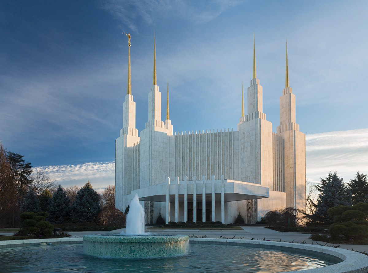 Winter holiday view of Washington DC Temple or Church of Jesus Christ of Latter-day Saints in Kensington, Maryland, USA