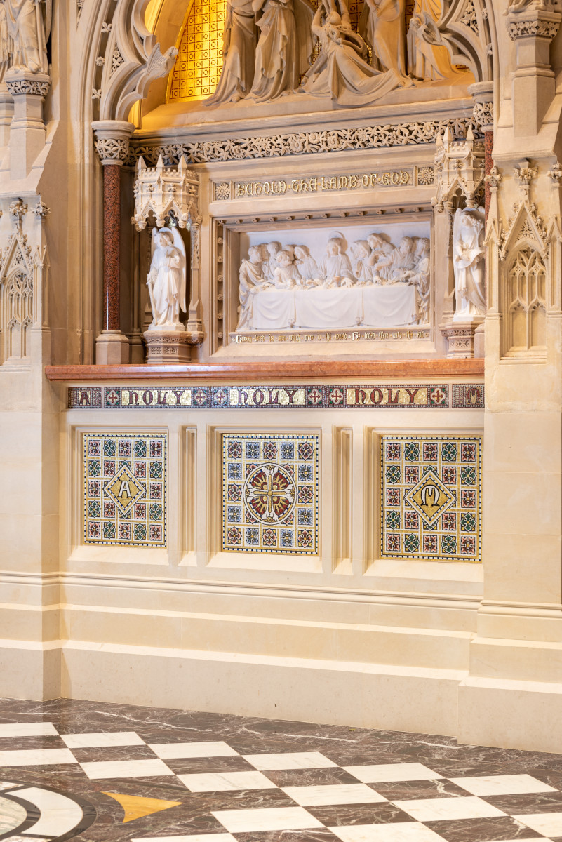 Angled, close-up view of detailing on reconstructed altar