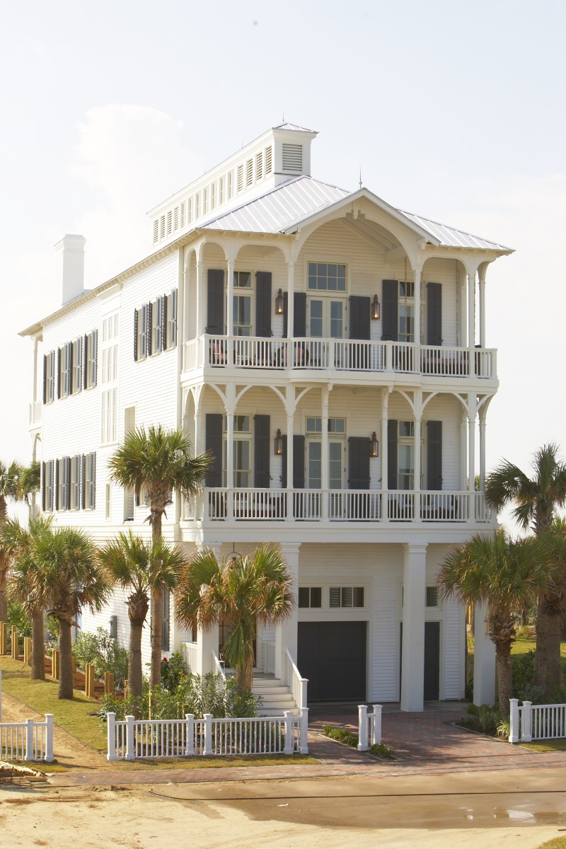 This Galveston home features upper story living spaces with breeze catching porches.