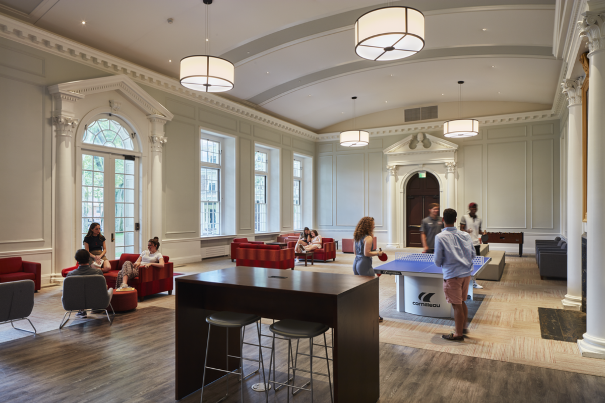 The design elements that resonated most with trustees and school leadership: the shallow curve of the barrel- vaulted ceiling in the original Loomis Hall and the dentil molding in the student lounge.
