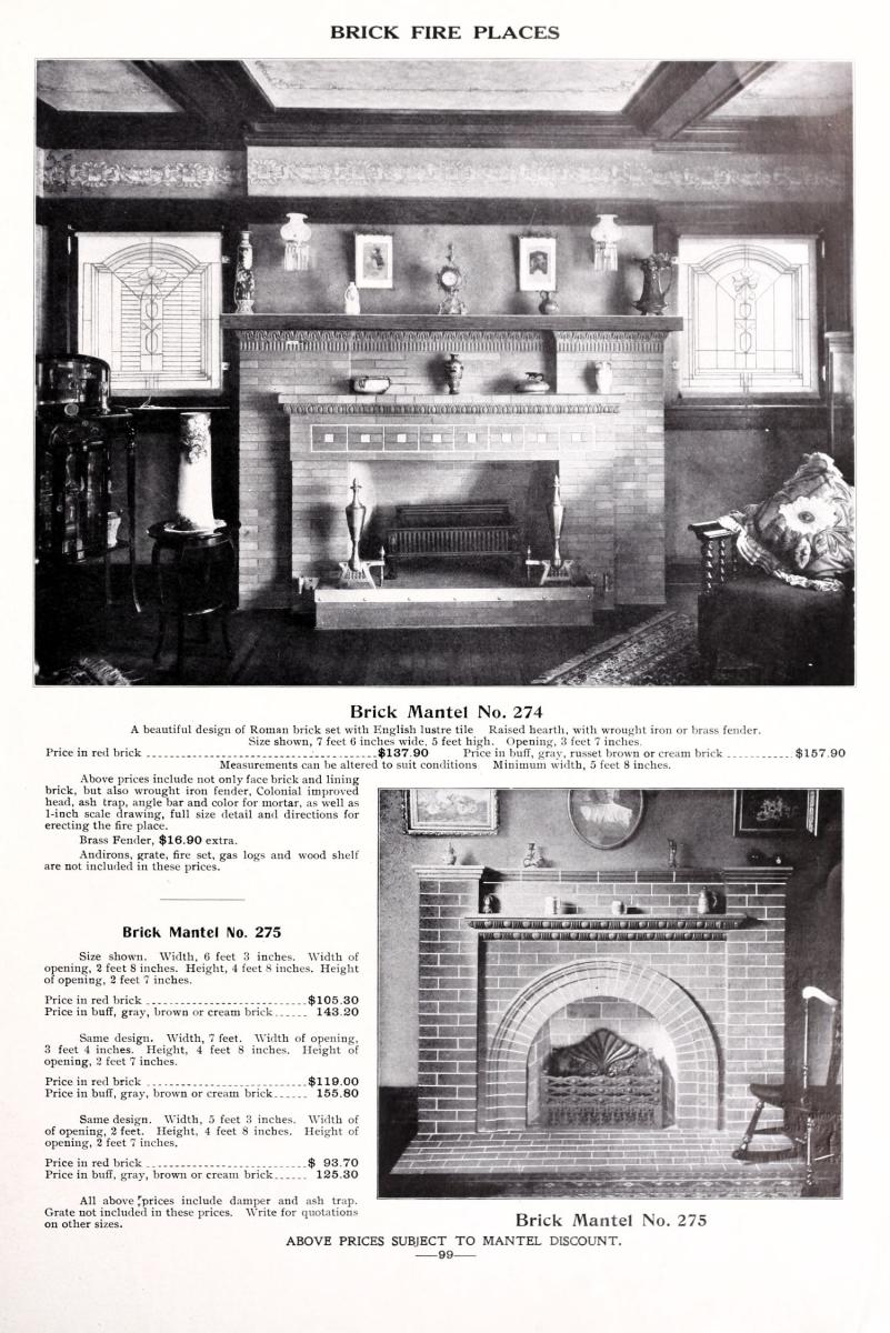 Fire places of wood, tile and brick: consoles and grilles ... grates and all other fireplace trimmings, 1900