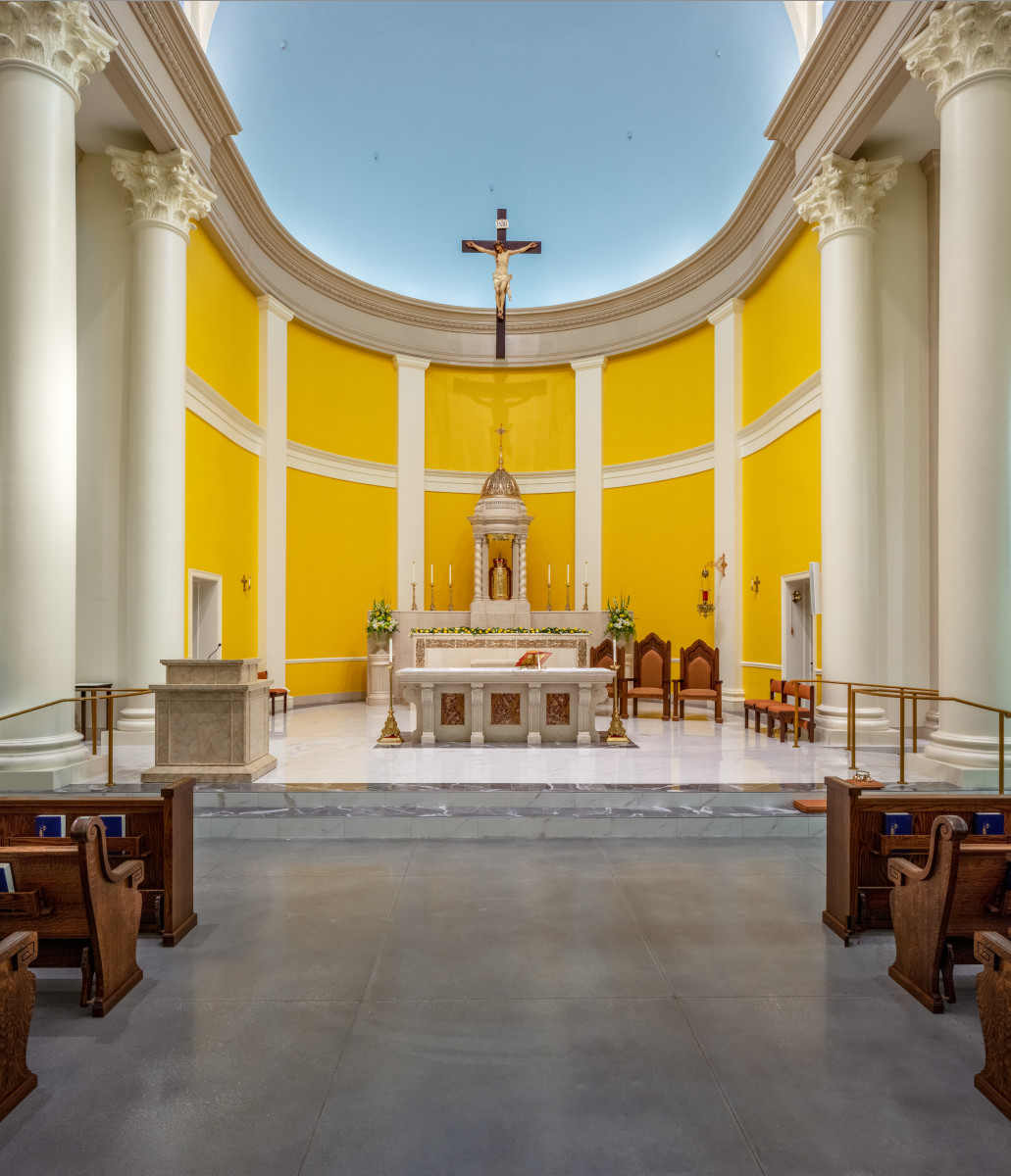 The two-color marble flooring was selected to complement the marble altar from St. Gerard’s.