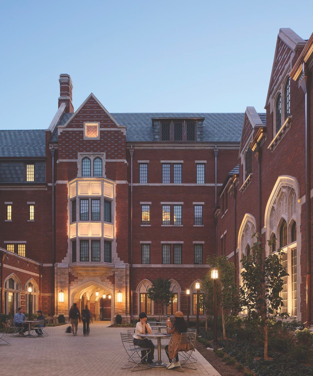 The public courtyard at Carmichael College looking toward the west portal connecting Carmichael College to Rothschild College.